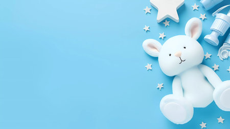 Cute blue baby newborn set of toys, baby wear and gifts. Childrens concept banner with copy space for textの素材