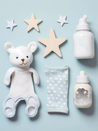 Cute blue baby newborn set of toys, baby wear and gifts. Childrens concept banner with copy space for textの素材