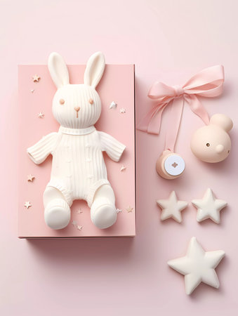 Cute pink baby newborn set of toys, baby wear and gifts. Childrens concept banner with copy space for textの素材