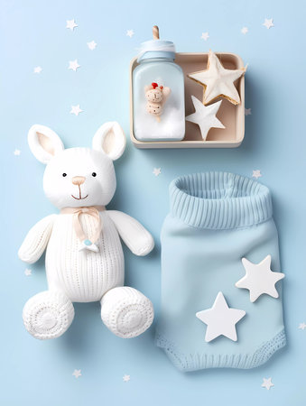 Cute blue baby newborn set of toys, baby wear and gifts. Childrens concept banner with copy space for textの素材
