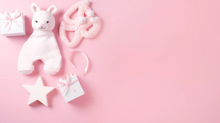 Cute pink baby newborn set of toys, baby wear and gifts. Childrens concept banner with copy space for textの素材