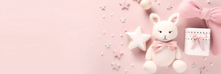 Cute pink baby newborn set of toys, baby wear and gifts. Childrens concept banner with copy space for textの素材
