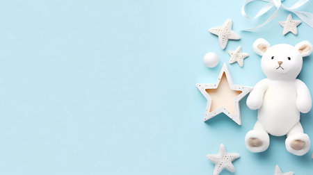Cute blue baby newborn set of toys, baby wear and gifts. Childrens concept banner with copy space for textの素材