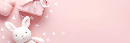 Cute pink baby newborn set of toys, baby wear and gifts. Childrens concept banner with copy space for textの素材
