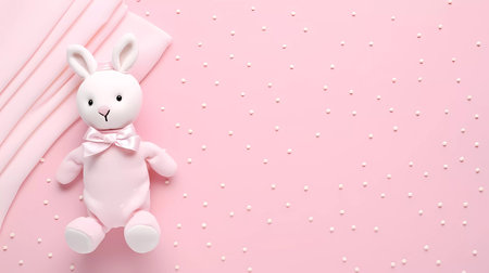 Cute pink baby newborn set of toys, baby wear and gifts. Childrens concept banner with copy space for textの素材