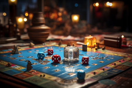 A board game with many dice and other game pieces. The board is blue and has a cityscape in the backgroundの素材