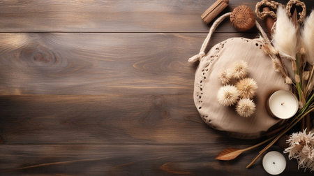 A purse with a flower design sits on a table next to a candle and some flowers. Concept of warmth and comfort, as the candles and flowers create a cozy atmosphere. The purse adds a touch of eleganceの素材