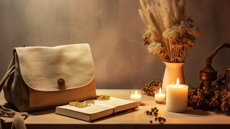 A purse with a flower design sits on a table next to a candle and some flowers. Concept of warmth and comfort, as the candles and flowers create a cozy atmosphere. The purse adds a touch of eleganceの素材