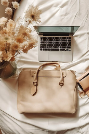 A purse with a flower design sits on a table next to a candle and some flowers. Concept of warmth and comfort, as the candles and flowers create a cozy atmosphere. The purse adds a touch of eleganceの素材
