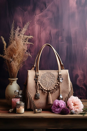 A purse with a flower design sits on a table next to a candle and some flowers. Concept of warmth and comfort, as the candles and flowers create a cozy atmosphere. The purse adds a touch of eleganceの素材