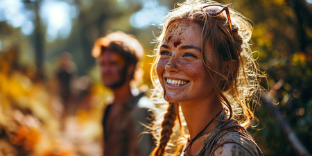 A woman is smiling and wearing a red scarf. She is surrounded by people and the atmosphere is livelyの素材