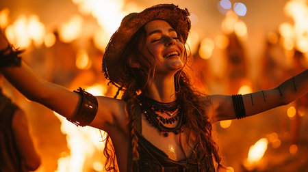 Burning man festival celebration. The crowd is made up of people wearing various types of clothing, including hats and backpacks. The scene is set in a desertの素材