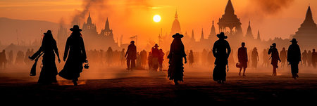 Burning man festival celebration. The crowd is made up of people wearing various types of clothing, including hats and backpacks. The scene is set in a desertの素材