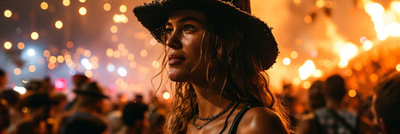 Burning man festival celebration. The crowd is made up of people wearing various types of clothing, including hats and backpacks. The scene is set in a desertの素材