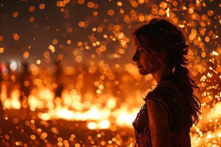 Burning man festival celebration. The crowd is made up of people wearing various types of clothing, including hats and backpacks. The scene is set in a desertの素材