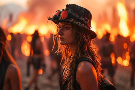 Burning man festival celebration. The crowd is made up of people wearing various types of clothing, including hats and backpacks. The scene is set in a desertの素材