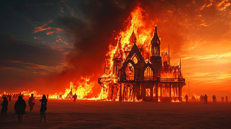 Burning man festival celebration. The crowd is made up of people wearing various types of clothing, including hats and backpacks. The scene is set in a desertの素材