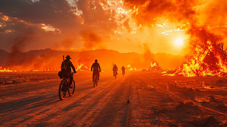 Burning man festival celebration. The crowd is made up of people wearing various types of clothing, including hats and backpacks. The scene is set in a desertの素材