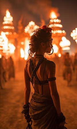 Burning man festival celebration. The crowd is made up of people wearing various types of clothing, including hats and backpacks. The scene is set in a desertの素材