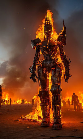 Burning man festival celebration. The crowd is made up of people wearing various types of clothing, including hats and backpacks. The scene is set in a desertの素材