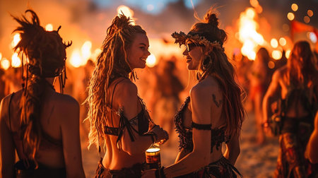 Burning man festival celebration. The crowd is made up of people wearing various types of clothing, including hats and backpacks. The scene is set in a desertの素材