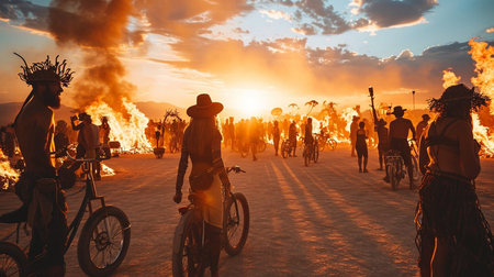Burning man festival celebration. The crowd is made up of people wearing various types of clothing, including hats and backpacks. The scene is set in a desertの素材
