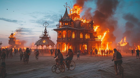 Burning man festival celebration. The crowd is made up of people wearing various types of clothing, including hats and backpacks. The scene is set in a desertの素材