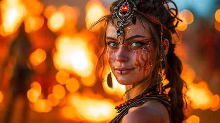 Burning man festival celebration. The crowd is made up of people wearing various types of clothing, including hats and backpacks. The scene is set in a desertの素材