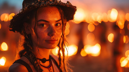 Burning man festival celebration. The crowd is made up of people wearing various types of clothing, including hats and backpacks. The scene is set in a desertの素材