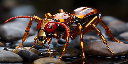 A robot bug with gold legs and a gold head. The bug is looking at the cameraの素材