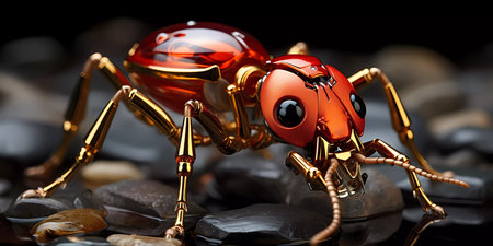 A robot bug with gold legs and a gold head. The bug is looking at the cameraの素材