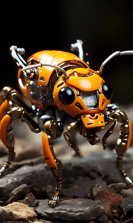 A robot bug with gold legs and a gold head. The bug is looking at the cameraの素材