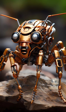 A robot bug with gold legs and a gold head. The bug is looking at the cameraの素材