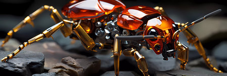 A robot bug with gold legs and a gold head. The bug is looking at the cameraの素材
