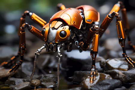 A robot bug with gold legs and a gold head. The bug is looking at the cameraの素材