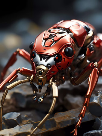 A robot bug with gold legs and a gold head. The bug is looking at the cameraの素材