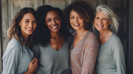 A group of women posing for a picture, one of whom is an older woman. The photo has a warm and friendly atmosphere, with the women embracing each other and smilingの素材