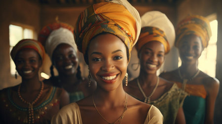 A group of women wearing colorful scarves and head wraps. The women are smiling and posing for a photoの素材