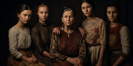 A group of women posing for a picture, one of whom is an older woman. The photo has a warm and friendly atmosphere, with the women embracing each other and smilingの素材