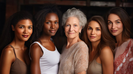 A group of women posing for a picture, one of whom is an older woman. The photo has a warm and friendly atmosphere, with the women embracing each other and smilingの素材