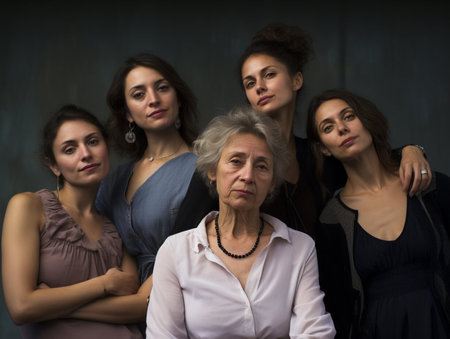 A group of women posing for a picture, one of whom is an older woman. The photo has a warm and friendly atmosphere, with the women embracing each other and smilingの素材