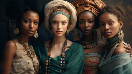 A group of women wearing colorful scarves and head wraps. The women are smiling and posing for a photoの素材