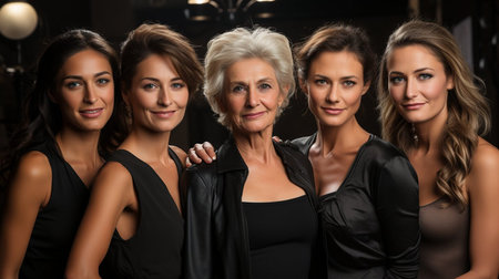 A group of women posing for a picture, one of whom is an older woman. The photo has a warm and friendly atmosphere, with the women embracing each other and smilingの素材
