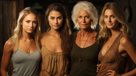 A group of women posing for a picture, one of whom is an older woman. The photo has a warm and friendly atmosphere, with the women embracing each other and smilingの素材