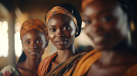 A group of women wearing colorful scarves and head wraps. The women are smiling and posing for a photoの素材
