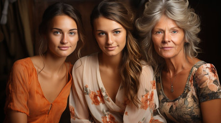 A group of women posing for a picture, one of whom is an older woman. The photo has a warm and friendly atmosphere, with the women embracing each other and smilingの素材