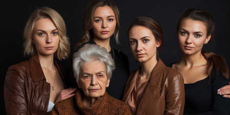 A group of women posing for a picture, one of whom is an older woman. The photo has a warm and friendly atmosphere, with the women embracing each other and smilingの素材