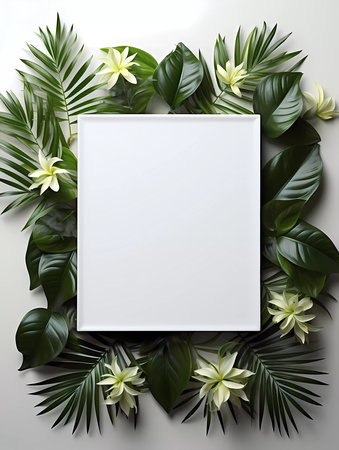 A white frame with a green background and a white flower in the middle. The frame is empty and the flower is the main focusの素材
