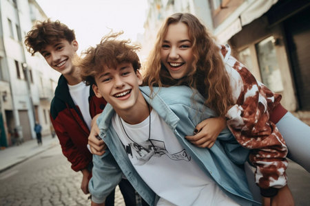 A group of young people are dancing and jumping on a street. Scene is energetic and funの素材