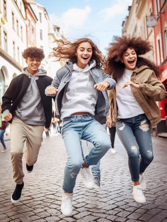 A group of young people are dancing and jumping on a street. Scene is energetic and funの素材